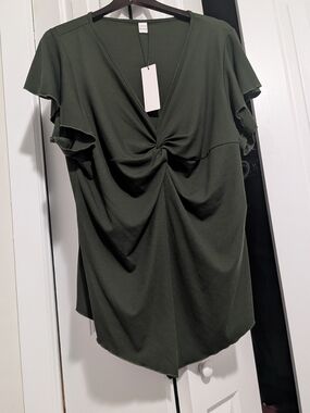 SHEIN Olive Twist-Front Ruffle Sleeve Top